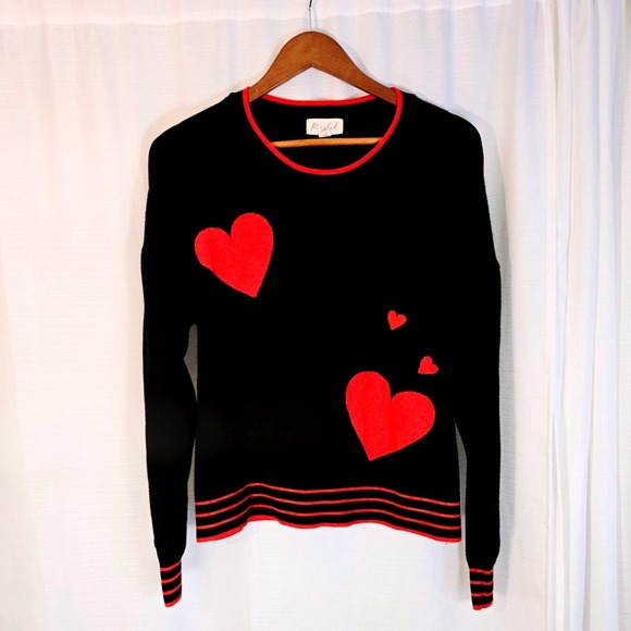 Marled Black Red Heart Sweater XL Long Sleeve Crewneck Pullover Knit Top - Picture 1 of 9